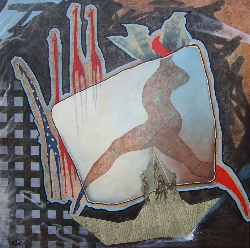 9-11 The Running Statue of Liberty (2001) - Öl und Collage auf Leinwand, Oil and Collage on Canvas, 100 cm x 100 cm